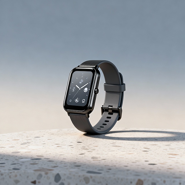 1.	产品外观描述：
一款极致简约的智能手环，采用一体成型设计。主体为深邃的哑光黑色钛金属材质，表面呈现细腻的拉丝纹理。配备一块微微弧面的矩形AMOLED全贴合触摸屏，屏幕显示一个高级灰主题的定制表盘，清晰展示实时心率、步数和睡眠图标，界面无冗余元素。表带为亲肤的液态硅胶材质，颜色是与主体呼应的炭灰色，搭配精致的磁吸式扣合机构。
2.	图片背景描述：
手环呈放松状态，自然地平置于一个充满静谧感的抽象环境中。背景是柔和的、低饱和度的莫兰迪色渐变（例如从淡灰蓝过渡到浅米灰），形成一个无限延伸的干净平面。下方表面为带有细微天然肌理的浅色水磨石或哑光石板，为产品提供稳定且富有质感的承托。整个环境无任何其他物体或文字信息，极度纯净。
3.	画面风格与构图要求：
采用专业商业产品摄影风格，追求超写实与高级感。画面构图极度简洁，使用中心或微侧构图，突出手环主体。光线为柔和的定向侧光，模拟清晨自然光效，在手环边缘勾勒出精致的高光，并在后方投射出柔和、渐变的阴影，以增强立体感和材质质感。整体画面需具有宁静、专业和未来的氛围，景深较浅，焦点精准落在手环屏幕上，确保UI清晰可辨。画面比例推荐16:9或4:3。