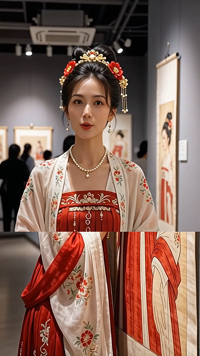 工笔风仕女图与真人古装对镜相映，刺绣细节精致典雅，浮雕质感服饰尽显中式古典之美，营造出唯美的艺术氛围。