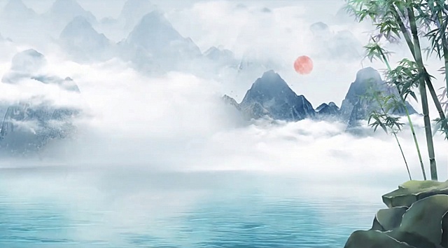 去除画面中所有飘落的树叶，保留竹林、山峦、水面、红日和云雾，保持原有的水墨山水风格和构图，画面自然和谐