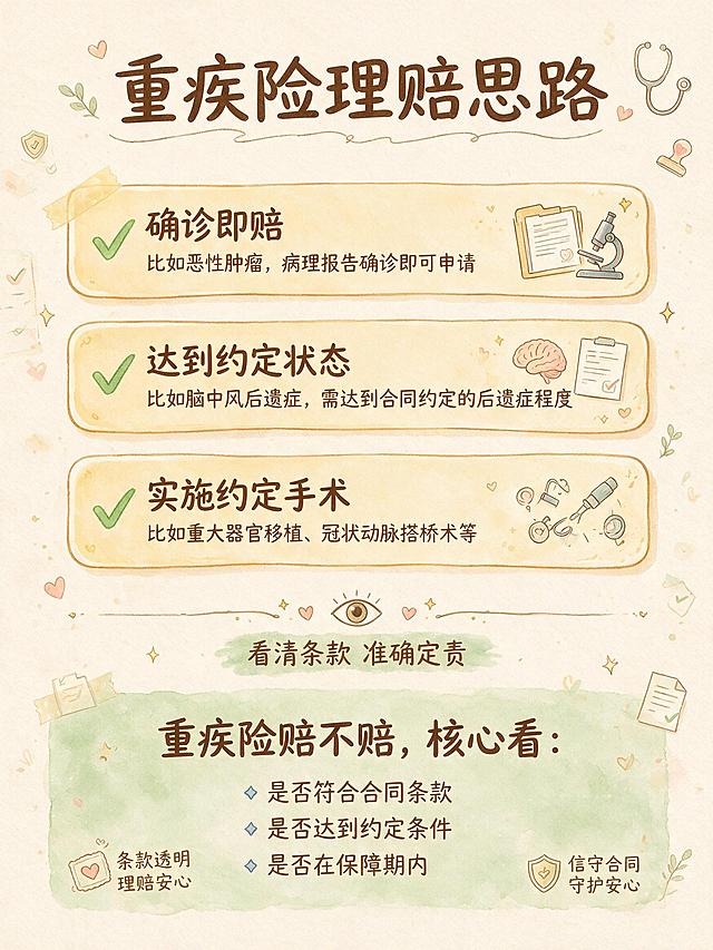 温馨手绘风格保险知识科普海报，画面干净舒服，柔和暖色调，浅米色背景带淡淡的水彩晕染纹理。整体风格为手绘水彩插画风，线条柔和圆润，色彩温暖治愈，像手账一样亲切自然。

画面顶部居中位置，用手写感圆润字体写主标题："重疾险理赔思路"，字体稍大加粗，下方有一条细细的手绘波浪线装饰。

画面上半部分为三个手绘风格的圆角卡片，竖向排列，每个卡片左侧有一个绿色手绘对勾图标，右侧为标题加说明文字：
第一张："确诊即赔"，小字说明"比如恶性肿瘤，病理报告确诊即可申请"
第二张："达到约定状态"，小字说明"比如脑中风后遗症，需达到合同约定的后遗症程度"
第三张："实施约定手术"，小字说明"比如重大器官移植、冠状动脉搭桥术等"
卡片为浅暖黄色或淡绿色，带轻微阴影，排列整齐间距均匀。

画面中部有一个手绘的眼睛图标和分隔线，引出下方内容。

画面下半部分有一个标题："重疾险赔不赔，核心看："，下方列出三条判断标准，每条前面有一个蓝色小菱形图标：
"是否符合合同条款"
"是否达到约定条件"
"是否在保障期内"

画面四周点缀少量手绘装饰元素：小小的爱心、星星、文件、听诊器等温馨小图案，分布在角落空白处，不遮挡文字。整体氛围温暖安心，专业但不冰冷。

版式精美，文字清晰可读，层级分明。画面中所有信息区域必须填充完整合理的内容，不得出现空白框或占位。不加二维码。竖版3:4比例。