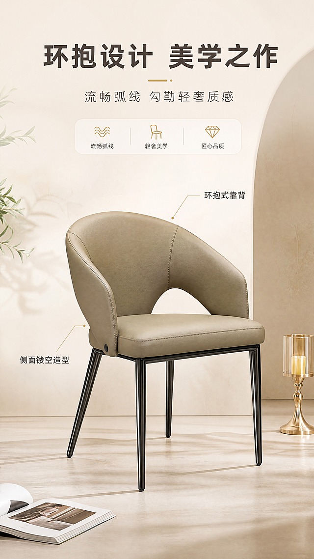 [商品] 使用【图1】DY-8803B太妃糖棕餐椅；保留环抱式靠背造型、侧面镂空设计、西皮面料质感、碳素钢椅腿、太妃糖棕配色；商品处理：增强靠背弧线流畅感，强化面料细腻纹理，金属腿做高光处理，不改变产品结构。
[画面] 目标：设计美学页，传递产品设计理念与造型美感。上文下景构图，顶部1/4为文案区，下方3/4为产品特写场景；产品主体居中偏下，占画面约60%，正面微侧角度展示环抱式靠背完整造型；背景为浅米色艺术墙面+柔和光影，旁边搭配一本打开的时尚杂志和一支香槟金烛台作为软装点缀；突出靠背流畅的弧线设计和侧面镂空的造型细节。
[视觉] 套系策略：风格=现代轻奢亮调商业摄影；标题字=现代无衬线粗体；正文字=简洁无衬线体；主色=太妃糖棕+暖米白；背景延展=基于暖米白做深浅层级、同色渐变和细腻哑光质感；强调色=香槟金，仅用于小面积图标、引线和标签；标题色=深棕灰；正文色=中暖灰；组件=圆角浅底信息卡、细线引线、香槟金小图标；光影=左前侧暖柔光，明亮通透。
[文字] 顶部文案区：主标题「环抱设计 美学之作」（8字），副标题「流畅弧线 勾勒轻奢质感」（10字）；下方产品两侧用细线引线标注2个设计亮点：「环抱式靠背」「侧面镂空造型」；文字横排，不遮挡产品主体。
[规格] 图片比例9:16竖版，4K分辨率，medium质量；避免变形、错字、文字过小、冷蓝/冷灰背景、产品颜色改变、结构失真、极限词。