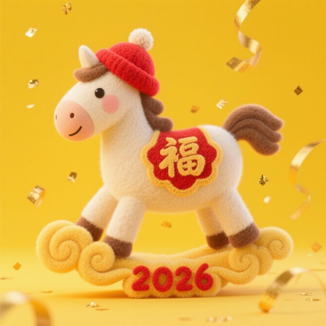 戴绒球红帽的卡通小马，穿绣 “福” 字新年装，踩在祥云上，“2026” 嵌在祥云纹里，明黄背景落金粉彩带预览效果