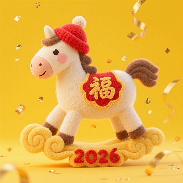 戴绒球红帽的卡通小马，穿绣 “福” 字新年装，踩在祥云上，“2026” 嵌在祥云纹里，明黄背景落金粉彩带