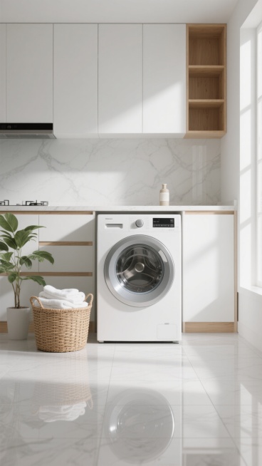 超写实主义风格，主色调为纯净的白色、浅灰色与原木色，柔和自然光从侧上方洒入，形成细腻的高光与浅淡阴影，展现光滑的瓷砖地面反射质感、洗衣机的现代塑料与金属光泽、藤编篮的自然纹理。画面中央是白色滚筒洗衣机，正面圆形透明视窗，顶部放置着简约瓶罐，左侧地面有装满白色毛巾的圆形藤编篮，旁边是一株绿色植物。背景改为明亮的现代厨房，白色哑光橱柜与浅色大理石台面，右侧搭配原木色开放格置物架，整体构图保持对称平……预览效果