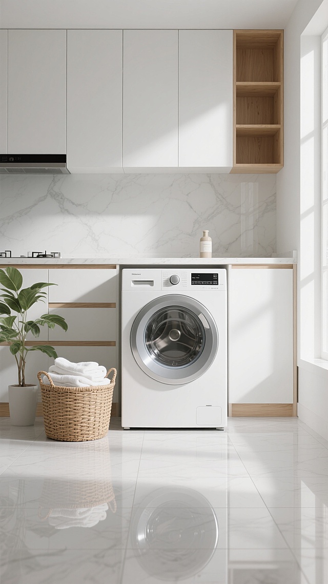 超写实主义风格，主色调为纯净的白色、浅灰色与原木色，柔和自然光从侧上方洒入，形成细腻的高光与浅淡阴影，展现光滑的瓷砖地面反射质感、洗衣机的现代塑料与金属光泽、藤编篮的自然纹理。画面中央是白色滚筒洗衣机，正面圆形透明视窗，顶部放置着简约瓶罐，左侧地面有装满白色毛巾的圆形藤编篮，旁边是一株绿色植物。背景改为明亮的现代厨房，白色哑光橱柜与浅色大理石台面，右侧搭配原木色开放格置物架，整体构图保持对称平衡，营造洁净、有序、温馨的家居氛围，视觉层次分明，信息传达简洁高效，符合现代家居产品展示的设计感。