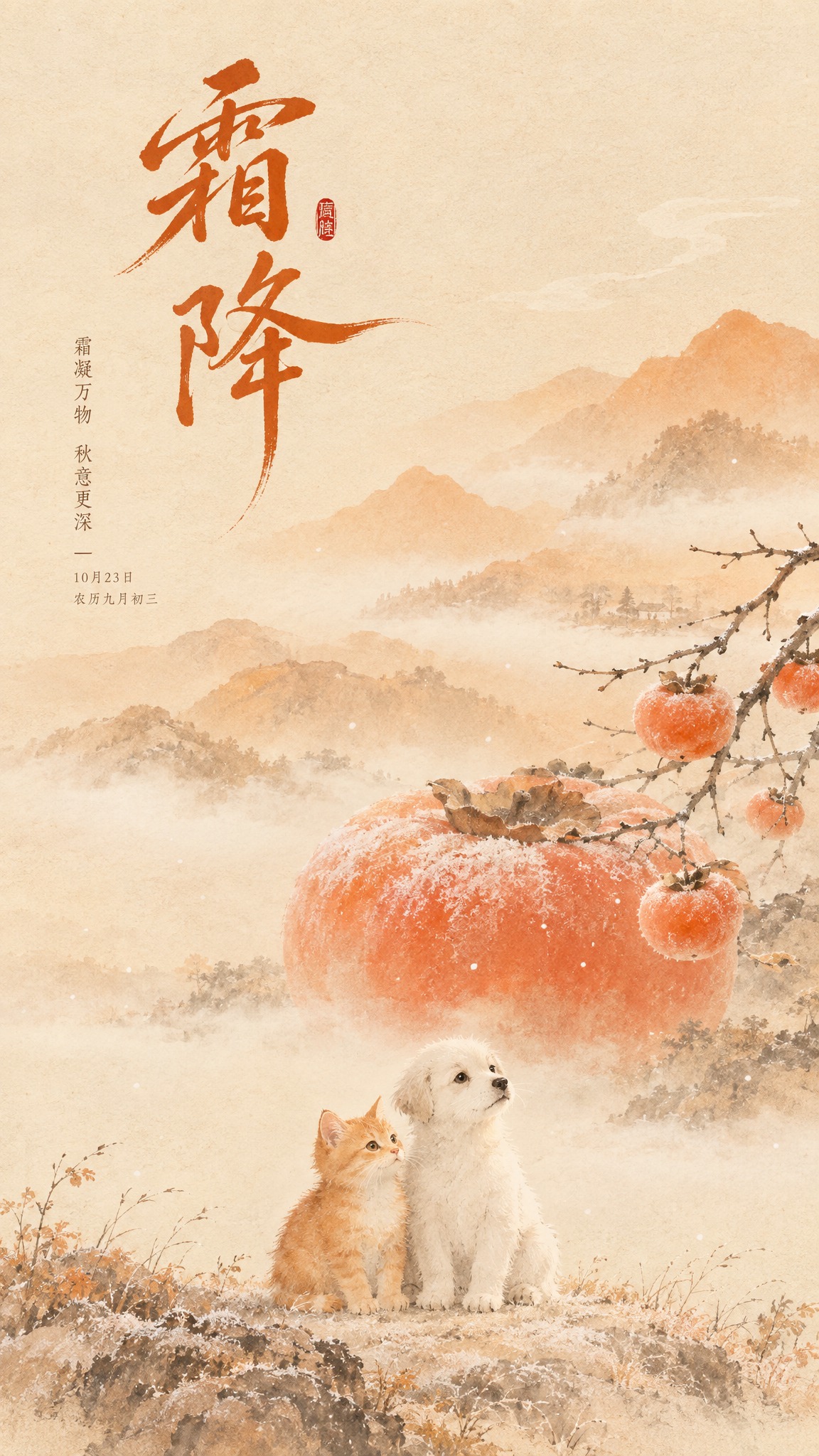 竖版手机节气海报，新中式轻水墨肌理插画风格，暖调秋日氛围，柔和… - 图片创意预览