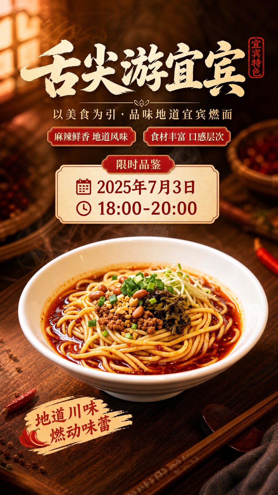 电商美食营销海报，竖版9:16。画面主体为一碗宜宾燃面，100… - 图片创意预览