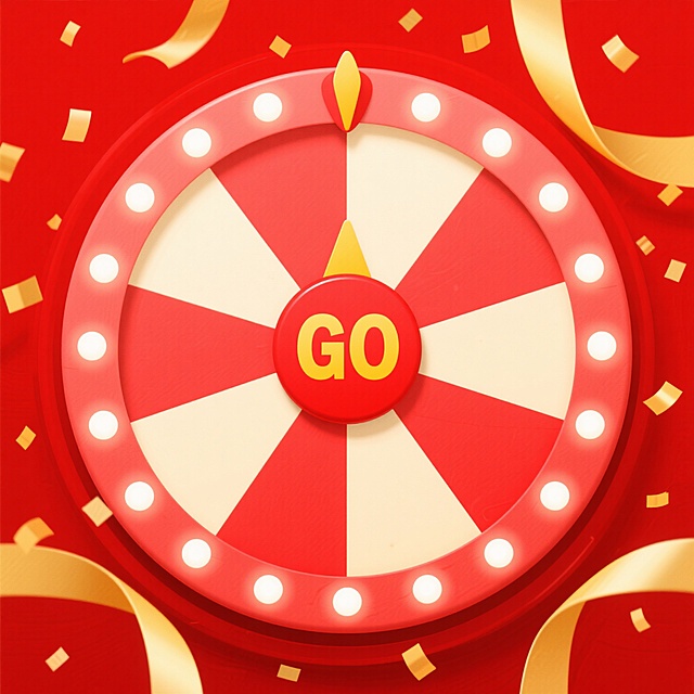 扁平风格抽奖转盘，主色调为大红色与米黄色，中心红色圆形按钮带有黄色“GO”字样，转盘边缘环绕一圈白色小圆灯，内部呈红白相间的扇形分区，背景有金色飘带和纸屑装饰，整体营造出喜庆欢快的氛围，保持配色与转盘核心元素不变，变换扇形分区的样式设计。