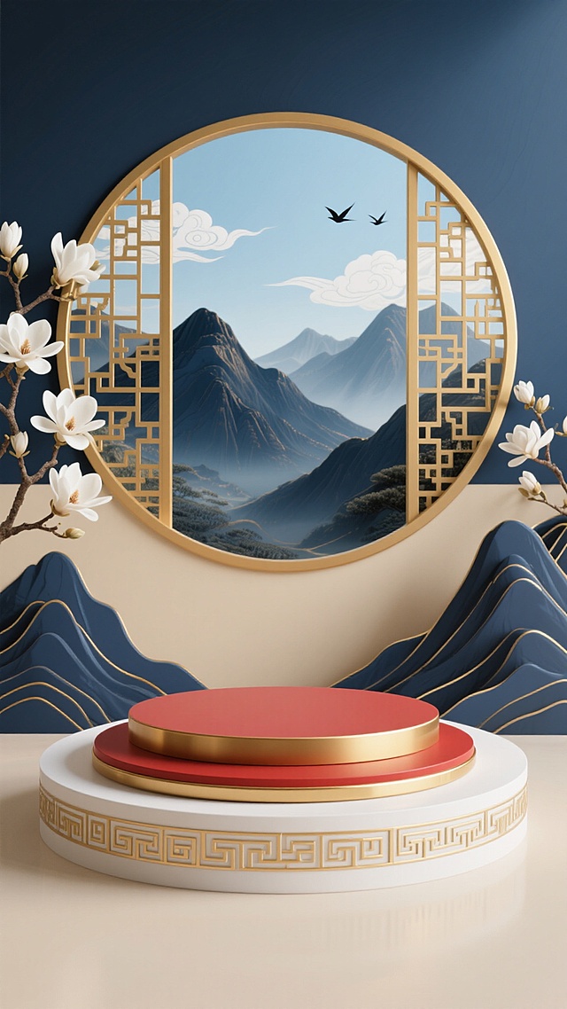 中国风3D渲染展台设计，画面中央放置一个双层圆形展台，底层为白色带有金色回纹装饰，上层为红色台面并带有金色包边，展台后方是一个金色边框的圆形镂空窗，窗后背景为连绵起伏的山峦，左侧有金色镂空窗格和盛开的白色玉兰花枝，右侧有玉兰花点缀，整体画面采用深蓝、金色和米色的配色，远山呈现深蓝与米色渐变，近处山峦为深蓝色并带有金色轮廓线，天空为浅蓝色，点缀着白色祥云和飞鸟，整体风格典雅大气，光影柔和，具有层次感和立体感，营造出宁静而庄重的氛围。