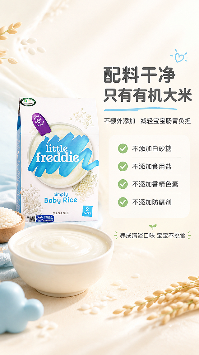 [商品] 使用【图1】小皮（Little Freddie）有机婴儿米粉包装盒；保留包装盒所有外观、颜色、Logo和文字；包装盒放在画面左侧中部，占画面约25%。
[画面] 目标：干净配料表，无额外添加，讲清对宝宝的好处。构图：左产品右信息型，左侧产品盒+一碗纯白米糊，右侧大面积留白放配料信息；背景为纯净米白色，有淡淡的米粉细腻纹理；画面中部偏右用大号简洁字体展示"配料只有有机大米"的核心信息，下方用小图标列出不添加的成分；阅读动线从左产品→右核心信息→下方细节。
[视觉] 套系策略：风格=温馨治愈婴童风商业摄影，干净柔和有食欲；标题字=圆润无衬线粗体，亲和可爱；正文字=简洁无衬线体，清晰易读；主色=米白+婴儿蓝；背景延展=基于米白和婴儿蓝做深浅层级、同色渐变与细腻大米/米粉颗粒质感；强调色=浅绿（健康安全色），仅用于小面积对勾图标和标签；标题色=深暖灰；正文色=中暖灰；组件=圆角浅底信息卡、细线引线、对勾图标；光影=左前侧柔和自然光，整体明亮通透，阴影柔和。
[文字] 右侧主标题"配料干净 只有有机大米"，副标题"不额外添加 减轻宝宝肠胃负担"；下方4个对勾式信息点："不添加白砂糖""不添加食用盐""不添加香精色素""不添加防腐剂"；底部小字说明"养成清淡口味 宝宝不挑食"；所有文字横排，字号保证手机端清晰可读。
[规格] 图片比例9:16竖版，4K，负向提示：避免变形、错字、文字过小、包装文字错乱、医疗化承诺、极限词。