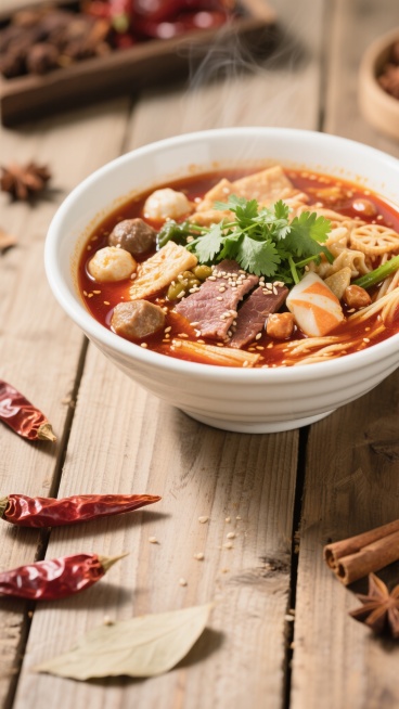 一碗热气腾腾的麻辣烫，汤色红亮诱人，里面有丰富的食材：肉片、鱼丸、蔬菜、豆制品等，表面撒着翠绿的香菜和芝麻。碗放在质朴的木质桌面上，周围摆放着一些干辣椒和香料，但整体保持干净整洁的风格，没有多余的装饰，光线柔和明亮，适合作为背景素材使用。预览效果