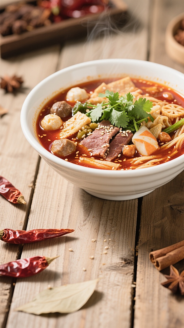 一碗热气腾腾的麻辣烫，汤色红亮诱人，里面有丰富的食材：肉片、鱼丸、蔬菜、豆制品等，表面撒着翠绿的香菜和芝麻。碗放在质朴的木质桌面上，周围摆放着一些干辣椒和香料，但整体保持干净整洁的风格，没有多余的装饰，光线柔和明亮，适合作为背景素材使用。