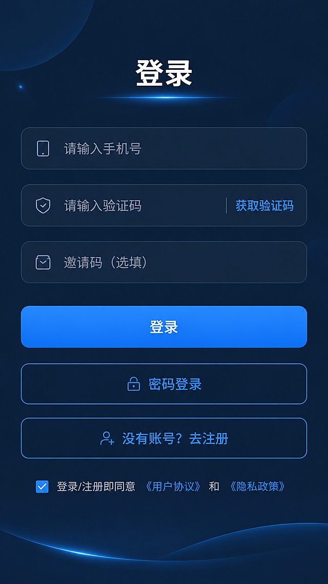 设计登录页面，参考图1的所有内容：包含手机号输入框、验证码输入框、邀请码输入框、登录按钮、密码登录按钮、去注册按钮，以及同意用户协议和隐私政策选项，将背景和整体风格修改为和首页一致的深蓝色风格，排版协调统一