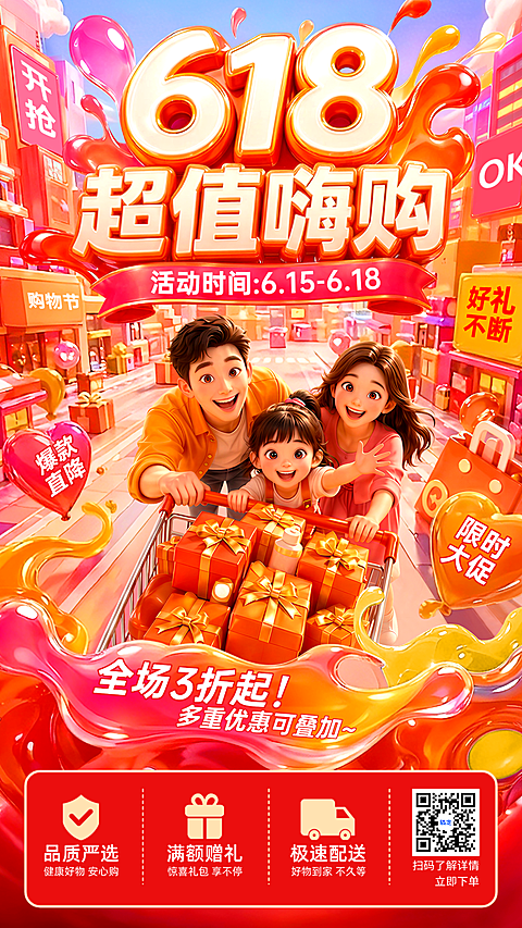 618年中大促电商购物节年中店铺折扣促销全屏竖版海报
