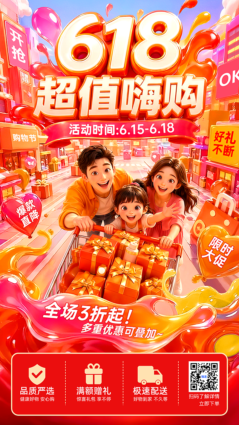 618年中大促电商购物节年中店铺折扣促销全屏竖版海报
