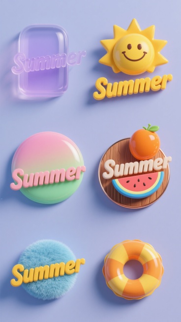 一系列6个不同材质的夏季主题元素集合，规整排布在纯色背景上。每个元素均包含"Summer"立体文字、黄色笑脸太阳、橙色水果、黄色蓝边游泳圈和西瓜切片图案，造型保持一致但整体色彩变换。6种材质分别为：1. 磨砂玻璃质感，半透明淡紫色调；2. 哑光金属质感，古铜色渐变；3. 亮面糖果质感，粉绿色渐变；4. 木质纹理质感，暖棕色调；5. 毛绒布料质感，天蓝色调；6. 陶瓷釉面质感，橙黄色调。每个元素……预览效果