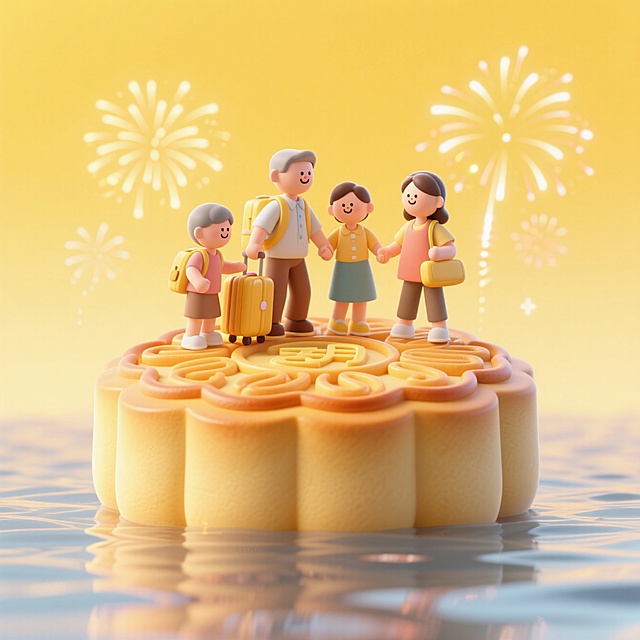 一块巨大的月饼上是一家人整装待发黄金周旅行。月饼放置在波光粼粼的湖面上的特写，干净且柔和的纯色黄色渐变背景，烟花装饰，辉光效果，色调明快