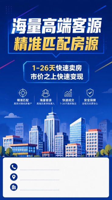 竖版电梯房产宣传海报，9:16比例，参考图1的扁平城市插画风格。顶部大主标题文案："海量高端客源"，副标题文案："精准匹配房源"，中部卖点文案："1-26天快速卖房，市价之上快速变现"，底部预留空白区预览效果