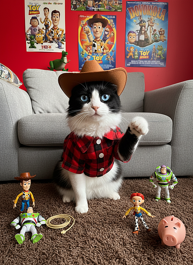 把背景改成红色 墙上贴着玩具总动员海报 地毯要棕色 旁边有玩具总动玩的玩具 小猫头上带着胡迪的帽子 做出可爱的表情看着镜头身上衣服可以改变 表情可爱