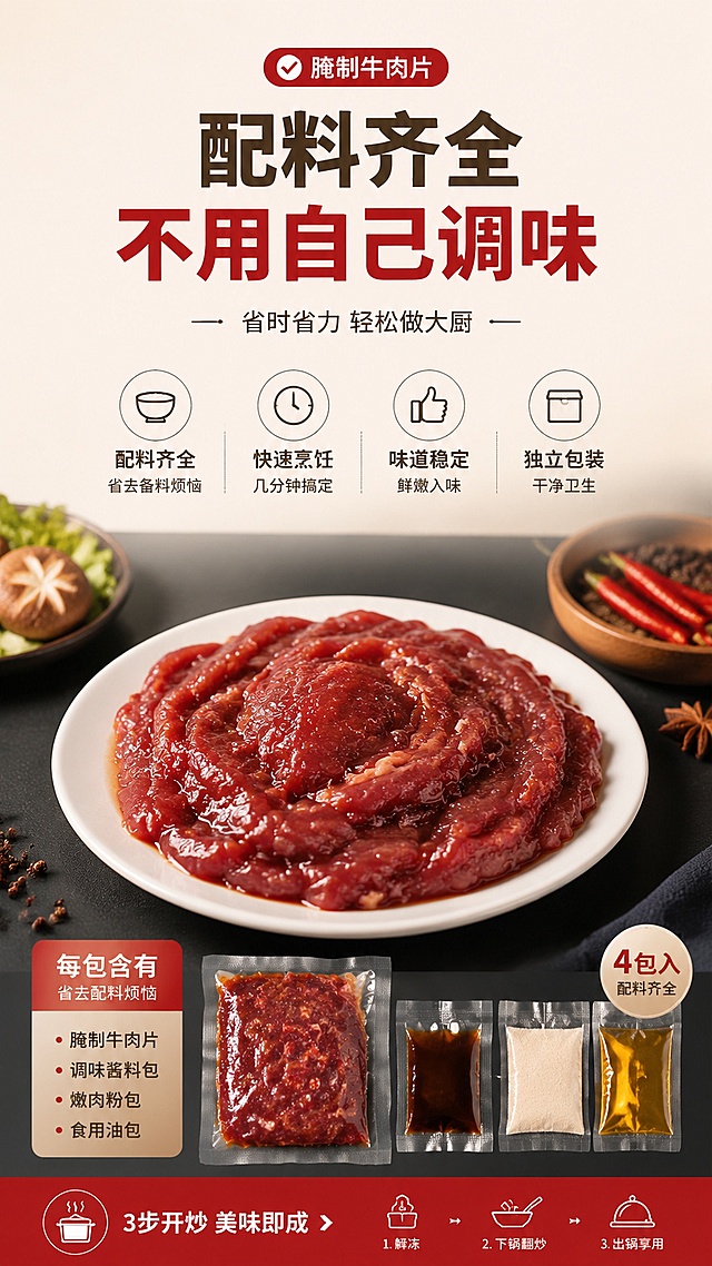 使用商品详情页技能根据商品图生成详情页，参考图为「图片1」，商品名称为腌制牛肉片，卖点为精心研制，5分钟出餐，配料齐全，不用自己调味，适配平台为淘宝/天猫，图片比例为9:16，需求屏数为3张，