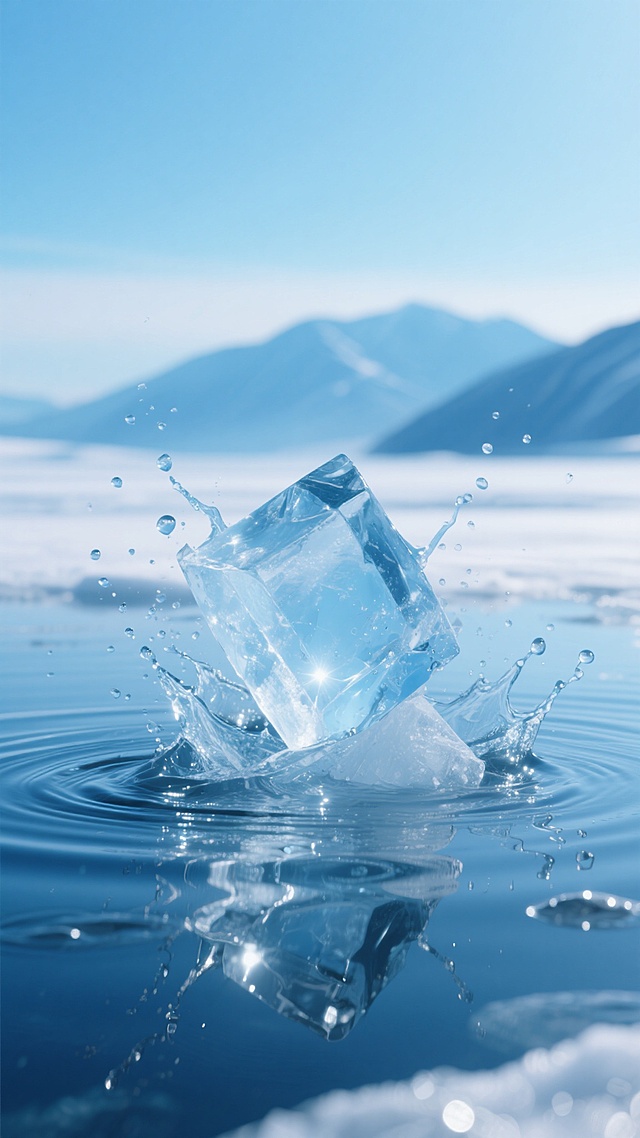 超写实摄影风格，清澈透明的冰块从水面炸裂飞溅，棱角分明的冰晶在空中折射出耀眼的蓝光，水面泛起层层涟漪并倒映着碎冰的清晰轮廓，远处是朦胧的蓝色山脉和渐变的晴空，整体色调以纯净的蓝白为主，光线明亮柔和，营造出寒冷而清新的氛围，冰块的质感晶莹剔透，水珠在冰面上闪闪发光，画面充满动态的瞬间美感。