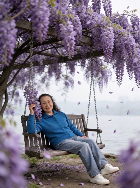 生成中年女性春日打卡主题写真，仅保留参考图1人物脸型、年龄等特征，忽略参考图配饰，电影叙事故事感，胶片颗粒质感，自然清灰冷调，故事感浓郁；真实自然中老年皮肤纹理，自然面部皱纹，自然蓬松黑色卷发；微笑面预览效果