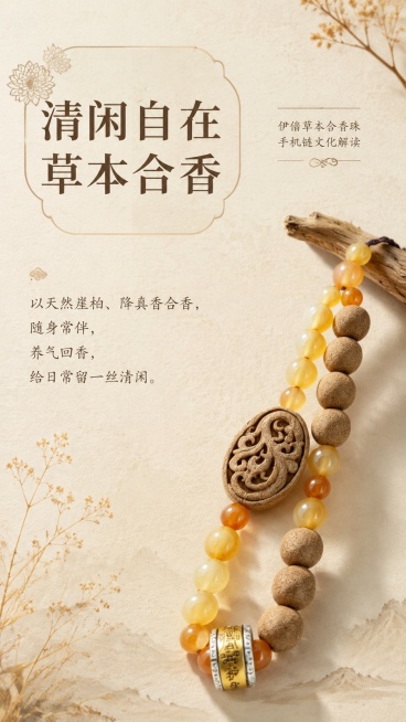 [第2屏] 设计理念页-伊偕草本合香珠手机链文化解读。本屏使用【图1】作为商品局部展示。
[标题版式] 新中式留白排版，主标题大字左对齐，右侧小字补充说明，使用纤细书法感字体，左侧浅棕色花型装饰框。预览效果