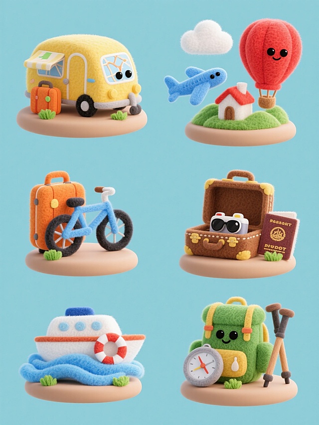 一系列6个不同旅行元素的3D立体羊毛毡手工风格插画，保持明亮柔和的马卡龙色系，每个元素都有圆润可爱的造型和黑色豆豆眼睛，背景为纯色，元素包括：1.黄色露营车配橙色行李箱和蓝色自行车，2.蓝色飞机与云朵和旅行地图，3.红色热气球载着小房子飞过绿色山丘，4.棕色皮箱打开露出相机、太阳镜和护照，5.白色游艇漂浮在蓝色波浪上配救生圈，6.绿色登山背包旁放着登山杖和指南针，所有元素规整排布，每个都有独立的浅棕色底座和少量装饰性绿色草丛，整体保持统一的手工羊毛质感和童趣氛围。
