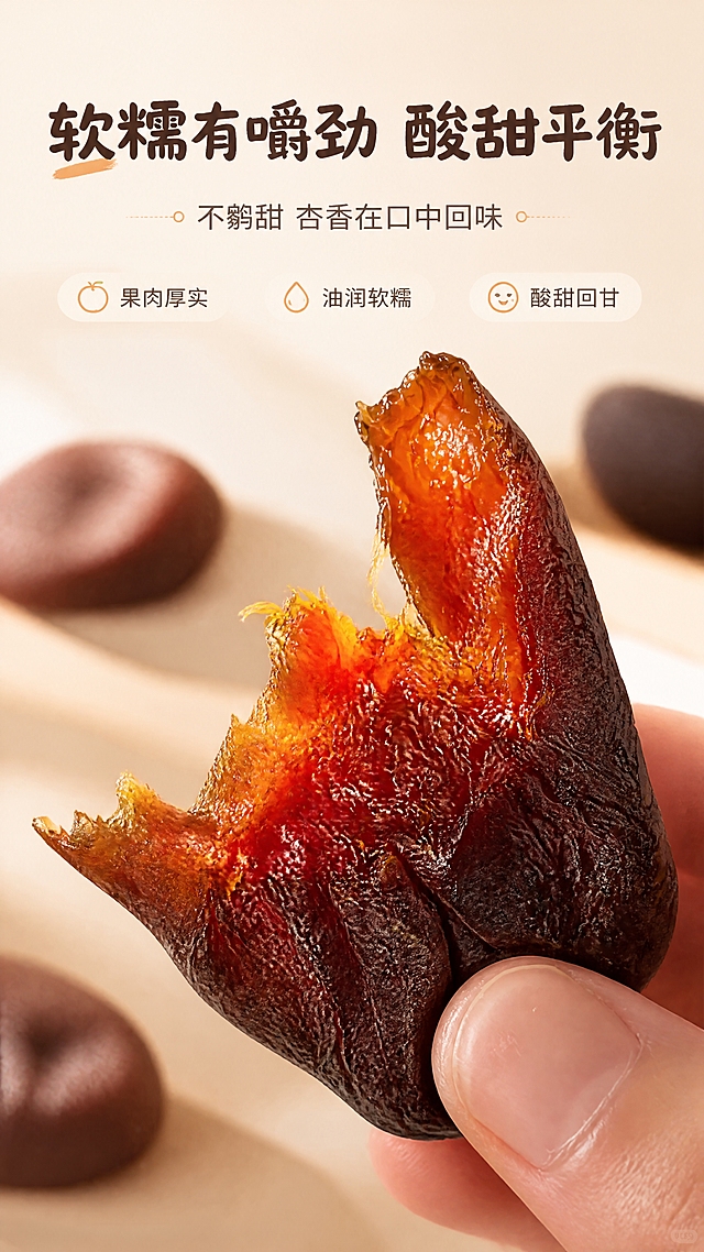 [商品] 使用【图2】黑杏脯撕开剖面特写图；保留剖面果肉的琥珀色油润质感、纤维纹理、自然撕口形态，不改变颜色和结构，增强果肉光泽与通透感提升食欲。
[画面] 目标：口感质地特写页，质地微距+动作瞬间型。画面中心为被手指捏着的半颗黑杏脯，剖面朝向镜头，果肉晶莹油润、纤维清晰可见，占画面约60%。背景为暖调虚化的浅米色桌面，散落1-2颗完整杏脯作点缀。侧逆光打在剖面上，突出果肉的通透油润感与软糯质感。≥3层视觉层次：前景剖面果肉、中景手指与杏脯、远景虚化桌面。
[视觉] 套系策略：风格=自然质朴商业美食摄影；标题字=手写感圆润粗体（国潮手写风）；正文字=简洁无衬线体；主色=深杏褐+暖米杏；背景延展=基于暖米杏做深浅层级、同色渐变和细腻纸张/木质质感；强调色=土橘红，仅用于小面积图标、引线和标签；标题色=深褐棕；正文色=中暖灰；组件=圆角浅底信息卡、细线引线、小图标点缀；光影=左前侧暖柔光，侧逆光勾勒果肉轮廓。
[文字] 画面上方主标题"软糯有嚼劲 酸甜平衡"，副标题"不齁甜 杏香在口中回味"，下方配3个短句口感词：①果肉厚实 ②油润软糯 ③酸甜回甘。文字居上排布，不遮挡剖面核心展示区，全部横向排版，移动端清晰可读。
[规格] 图片比例9:16竖版，4K，负向提示：避免变形、错字、文字过小、冷蓝/蓝灰背景、颜色改变、果肉失真、绝对化用语、平台Logo水印。