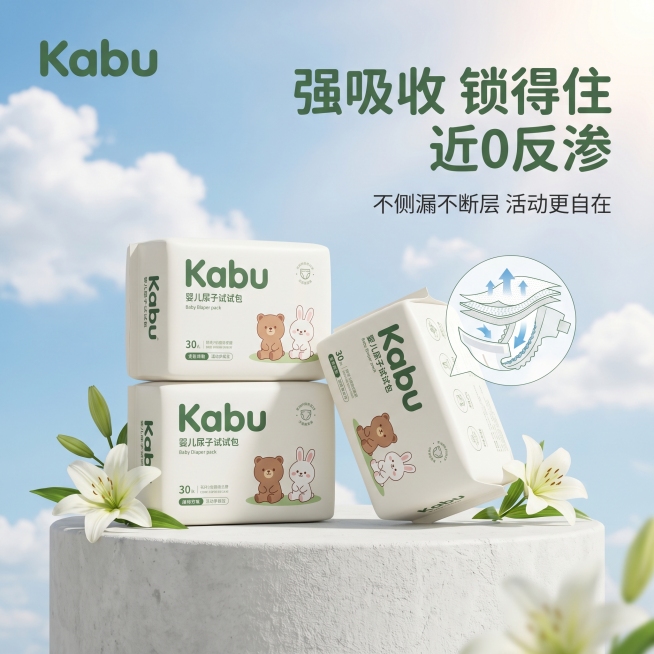 1:1 竖版精致电商主图，超高清写实电商产品主图，画面主体是卡布流光溢彩试用装3包，严格还原产品设计、文字排版与细节。产品放置在白色粗糙质感的水泥台面上，周围点缀两朵盛开的白色百合花（带鲜绿色叶片），预览效果