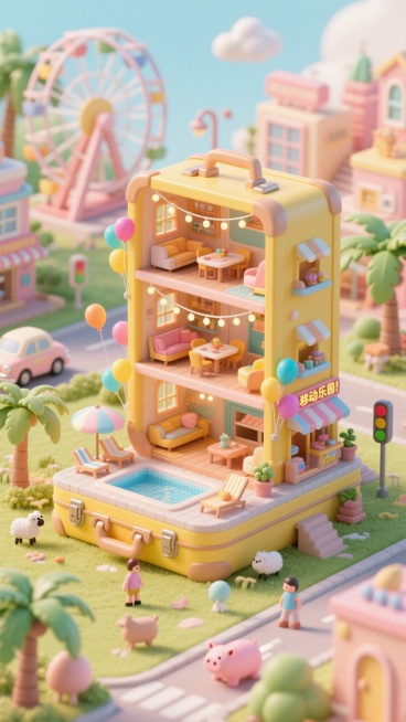 微缩场景风格的童趣度假小镇，核心是由黄色行李箱改造的多层立体建筑，内部包含起居区、餐桌、泳池、休闲躺椅等空间，外部装饰着彩色气球、灯串与小商铺。周围环绕卡通棕榈树，地面散布着小羊、小猪等萌趣动物，背景预览效果