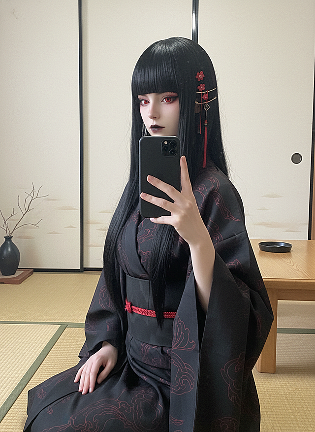 cosplayer真人写实照片，根据该图生成一张现实生活中扮演该角色的写实风格，人物所在的写实场景与原作相对应，人物一只手抬起拿着手机对着镜子正在自拍