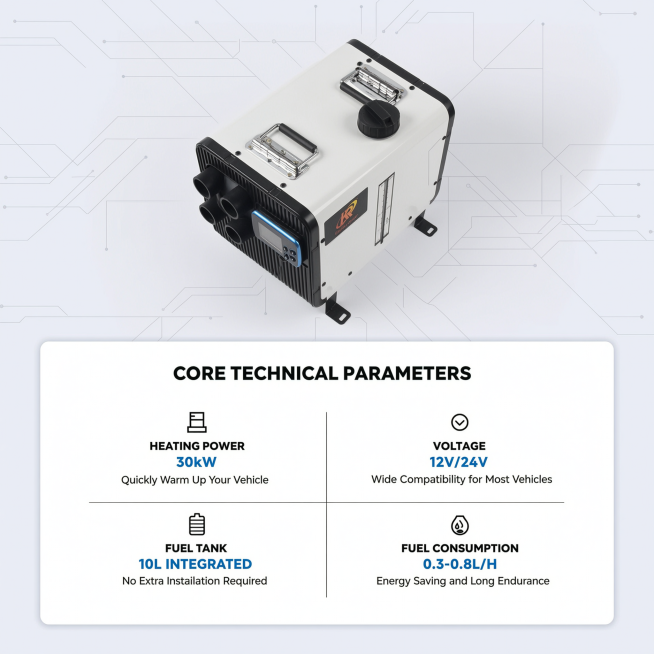 [第3屏] 本屏功能定义：30kw Parking Water Heater - core technical parameters analysis page.
[氛围/风格]  professio预览效果