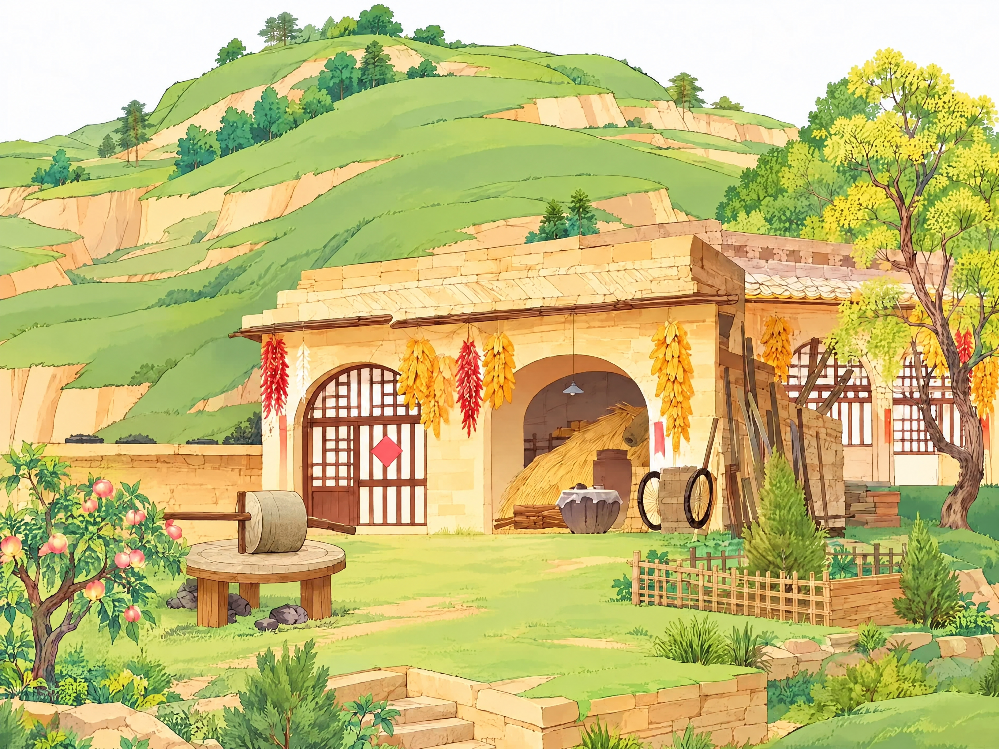 保持原图的吉卜力风格乡村插画风格不变，将画面左侧的石碾和左下角… - 图片创意预览