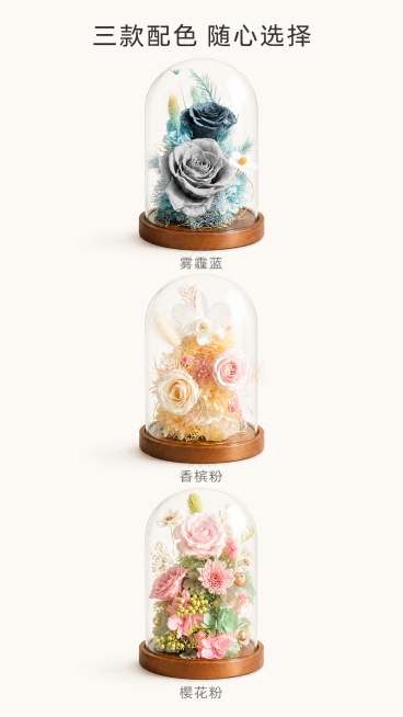 [第2屏] 本屏功能定义：展示永生花玻璃罩三款不同颜色款式总览，方便用户选择。
[氛围/风格] 简约高级展示风，干净通透，商业摄影质感。
[元素布局] 从上到下分三行排列展示三款产品，每行一款。第一行预览效果