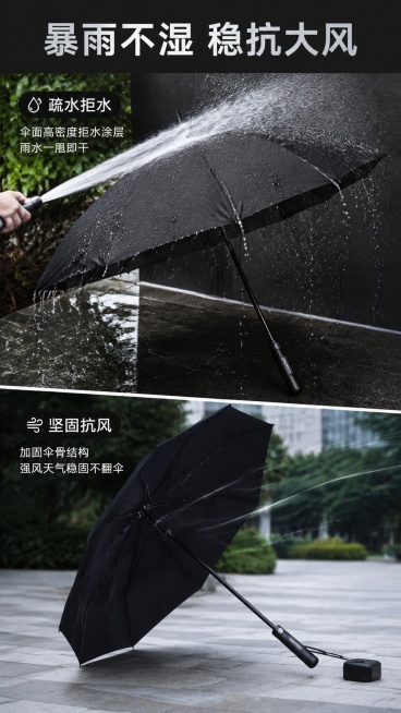 [第4屏] 功能演示页-黑色长柄晴雨伞防水抗风性能测试。本屏使用【图1】作为产品主体。
[氛围/风格] 实景演示，真实直观，动感户外风，商业测试质感。
[元素布局] 上下分栏，上半部分喷水测试展示伞面预览效果