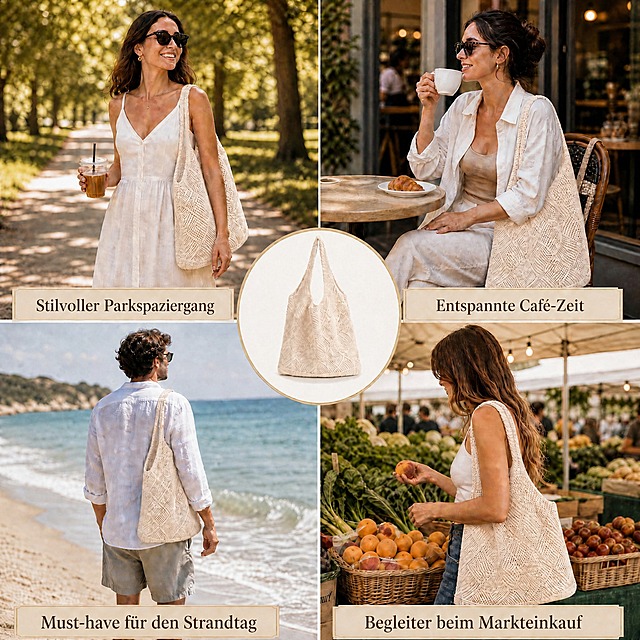Replace all English text with natural colloquial German suitable for Amazon Germany customers. 'STYLISH PARK OUTING' becomes 'Stilvoller Parkspaziergang'. 'RELAXING CAFE TIME' becomes 'Entspannte Café-Zeit'. 'BEACH DAY ESSENTIAL' becomes 'Must-have für den Strandtag'. 'MARKET SHOPPING COMPANION' becomes 'Begleiter beim Markteinkauf'. Keep the exact same layout, photos, center light cream beige bag product, banner style and collage design. Only change the language of the text. Premium lifestyle collage infographic, 1:1 square composition