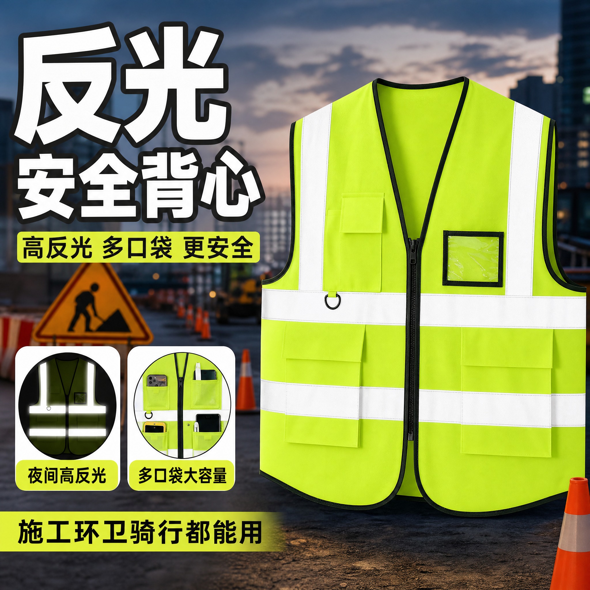 [主图-1] 核心卖点首图，主题为高可见度反光安全背心，突出夜… - 图片创意预览