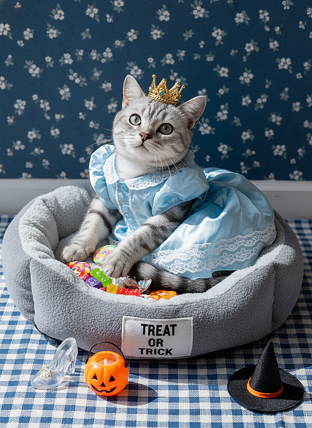 猫咪身着灰姑娘的裙子、头戴皇冠，慵懒窝在印有 “TREAT OR TRICK” 标识的毛绒猫窝里，猫窝里有一些糖果，旁置水晶鞋、南瓜灯、巫师帽等道具，深蓝碎花墙面背景，蓝白配色的格纹地毯