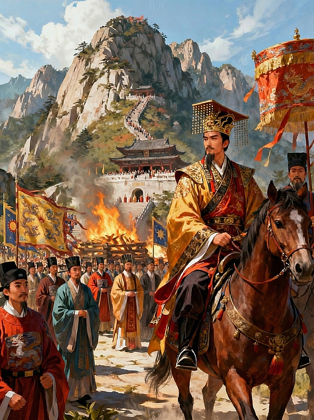“十一月丙戍，至泰山下。己丑，上备法驾至山下，御马登山，留从官于谷口，独与宰相及祠官俱登，仪卫环列于山下百余里。”《资治通鉴·唐纪二十八》
“礼毕，藏玉册于封祀坛之石䃭，然后燔柴。燎发，群臣称万岁，传呼自山顶至岳下，震动山谷。”《旧唐书·玄宗本纪》