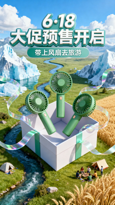 俯视视角，C4D建模渲染电商促销海报，画面中心是打开的礼盒，礼盒中悬浮三款不同的绿色便携式手持小风扇（产品样式参考https://gdesign-dam-hz.dancf.com/3614555630预览效果