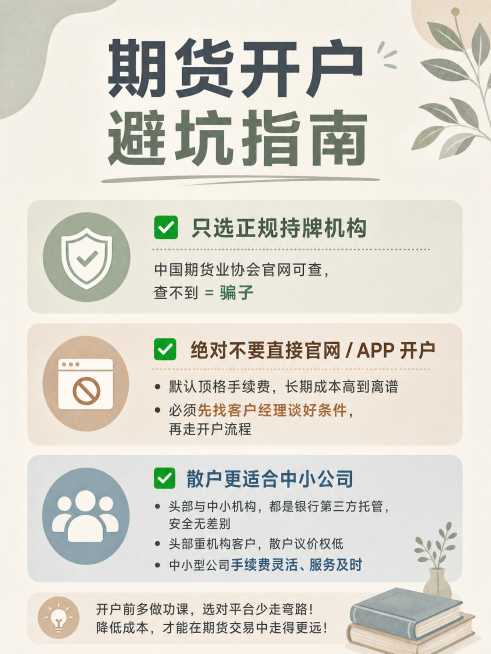 文字排版图片，包含完整文案："✅ 只选正规持牌机构
中国期货业协会官网可查，查不到 = 骗子
✅ 绝对不要直接官网 / APP 开户
默认顶格手续费，长期成本高到离谱
必须先找客户经理谈好条件，再走开预览效果