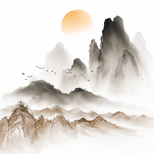 参考当前图片的新中式水墨山水风格，重新生成画面，保留太阳远山、近山飞鸟的整体构图和淡雅水墨质感