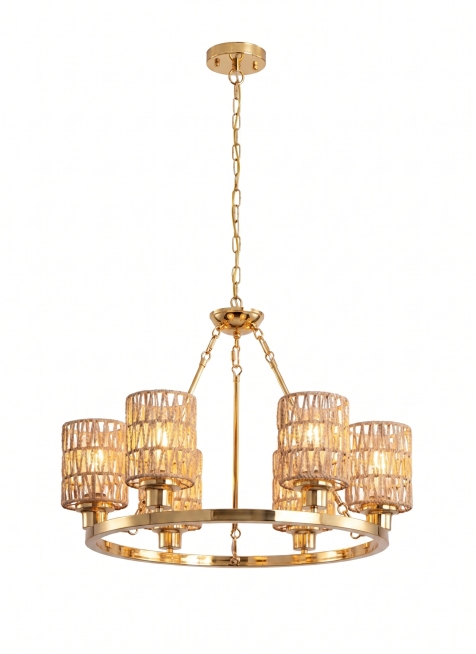 将吊灯上所有黑色的金属结构部分替换成亮金色，保持其他部分(藤编灯罩和整体造型)不变，保留原图的光影效果预览效果