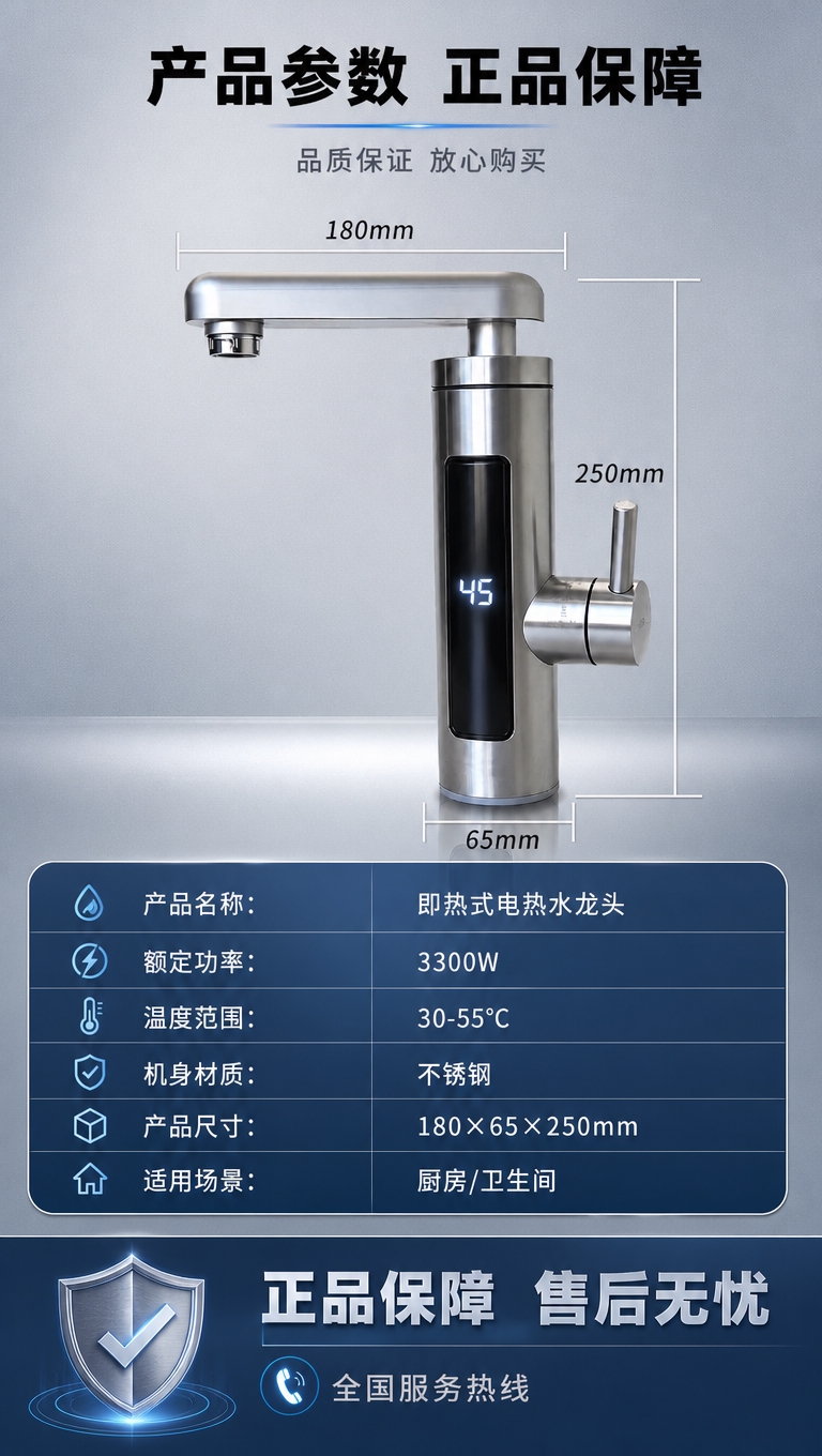 [商品] 使用【图2】不锈钢电热水龙头尺寸标注图；保留产品整体… - 图片创意预览