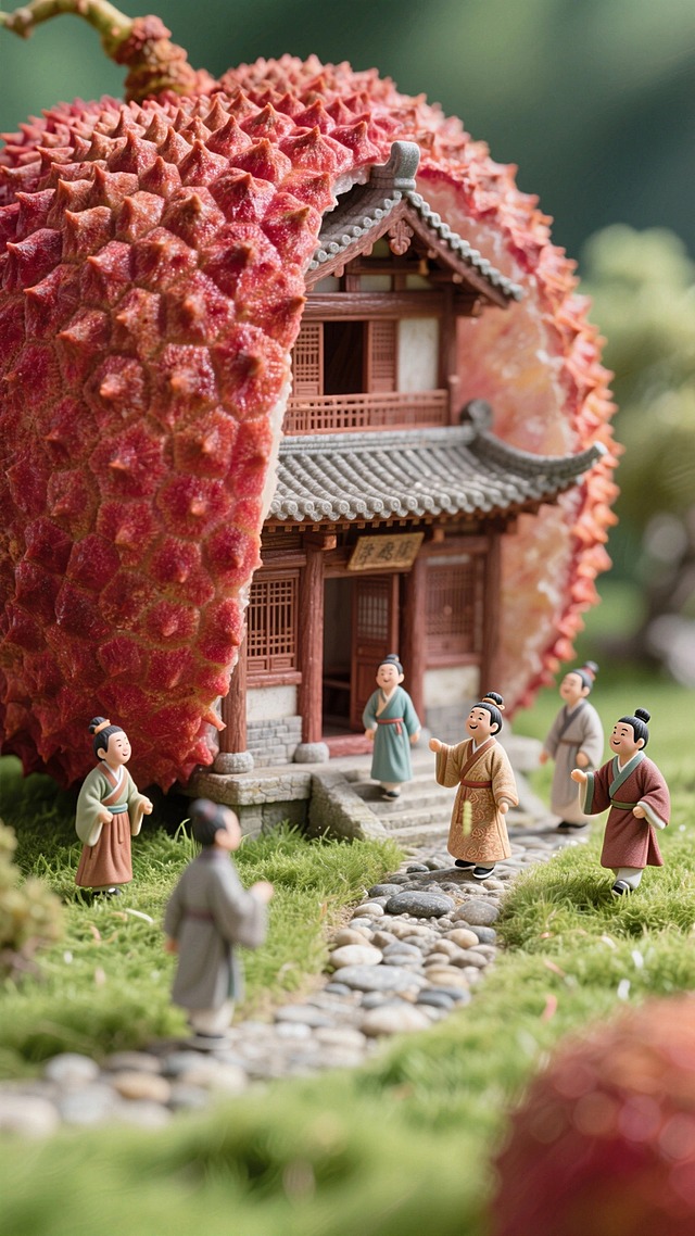 主体是巨大的荔枝做的古代房子，背景是草地，一条迷你路通向荔枝，有唐代百姓小人在路上走，整体盛唐气息。