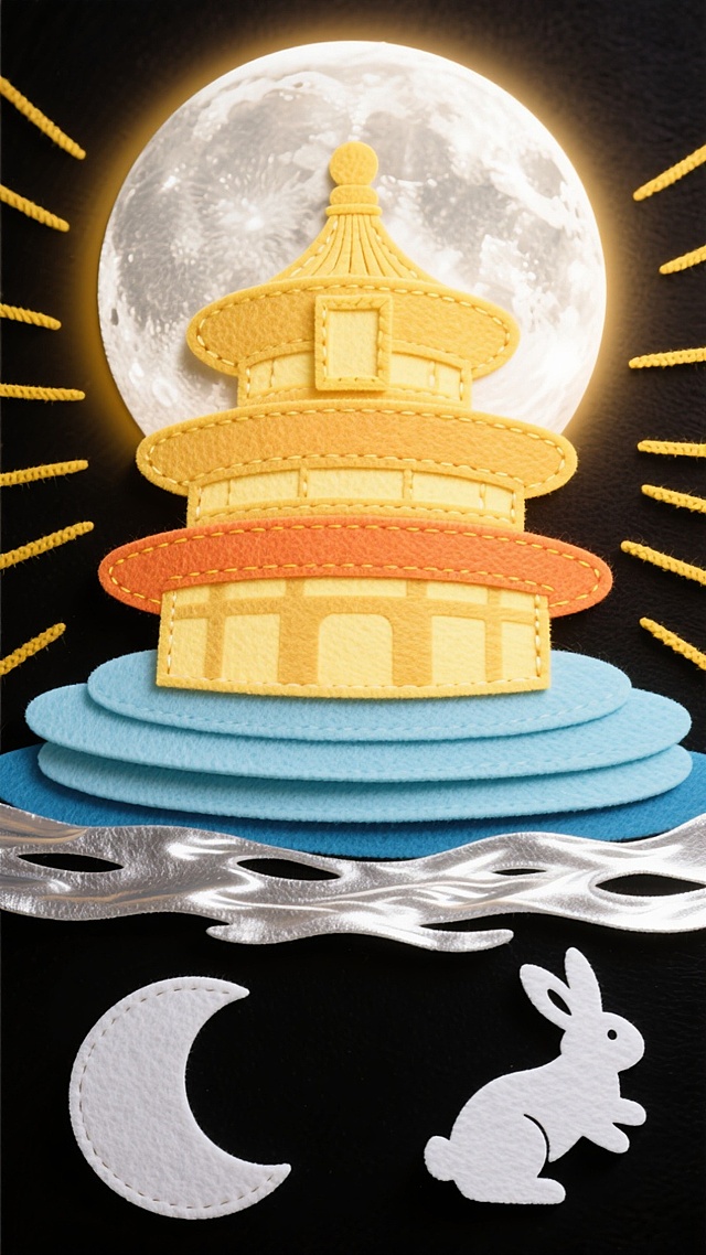 中式感刺绣风插画，梦幻唯美的天坛与明月，搭配卡通兔子与弯月，拼贴浮雕质感，中秋节日氛围浓厚。