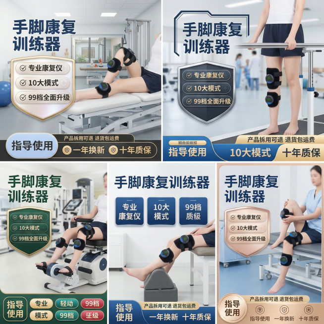 保留原康复训练产品产品图不变，产品在模特腿部的位置不变，修改模特腿部肢体动作，将背景修改为干净专业的医院康复中心室内场景，保持卖点文字内容（手脚康复训练器、专业康复仪、10大模式、99档全面升级、指导预览效果