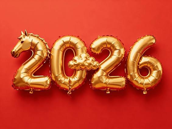 金色膨胀气球的饱满褶皱肌理的字， 在暖红色背景上，“2026”字样 ：其中“2” 的左侧衔接简单马头，“0” 的位置一朵金色抽象云装饰