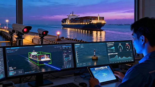 黄昏时分的智慧港口，天空呈现蓝紫色渐变，海面平静。一艘大型集装箱货轮正缓缓驶向码头，船体侧舷指示灯规律闪烁。码头上，数台高清监控摄像头从不同角度对准泊位，其中一台的镜头正泛着微弱的红光，表明处于主动分析状态。

控制中心内，一整面屏幕墙实时显示着多路信息：左侧主屏幕是计算机视觉分析界面，货轮轮廓被绿色识别框精准锁定，旁边叠加显示着实时距离、航速和系统推荐的泊入路径——一条发光的蓝色虚线从海面延伸至泊位。右侧分屏幕则整合了传感器数据流，包括潮汐高度、风速风向的数字化读数，以及码头各系缆桩的实时压力反馈。

画面近处的控制台前，一名调度员专注地看着屏幕，他的侧脸被屏幕蓝光微微照亮，手边平板电脑上显示着基于机器学习算法生成的“未来2小时靠泊计划”预测视图。窗外，码头地面的几个传感器指示灯在暮色中隐约发光，与货轮上的灯光遥相呼应，整体氛围静谧而高效，展现了一个由数据和算法无声支撑的现代化靠泊场景。